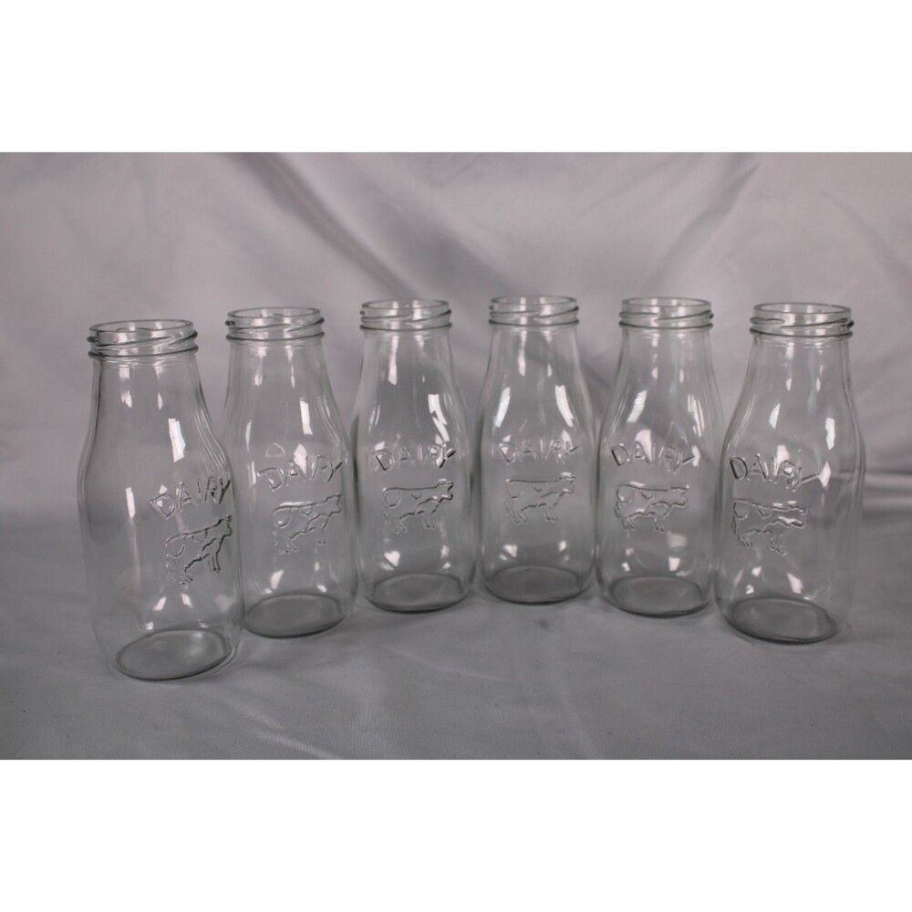 Set of 6 Vintage Style Glass Milk Bottles Embossed Dairy Cow Farmhouse Decor 6.5